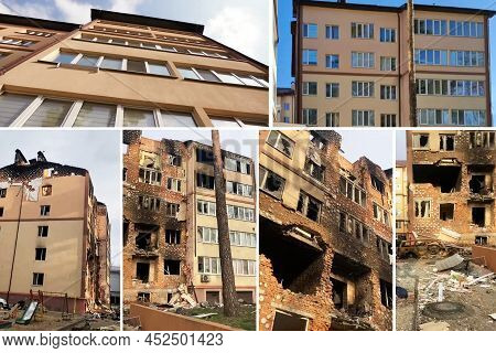 Collage Photo Of Destroyed Building After Russian War Aggression Against Ukraine In Irpen. Photos Be