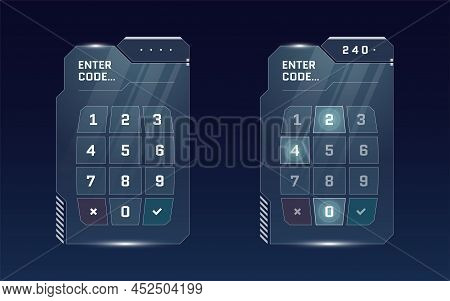 Hud Digital Futuristic User Interface Pin Code Entry Panel Set. Sci Fi High Tech Protection Glowing 