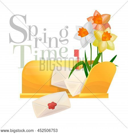 Vector Isolated Illustration Of An Open Retro Mailbox With A Bouquet Of Daffodils, Envelopes, Letter