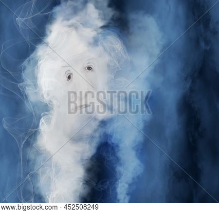 An Elderly Person's Face Is Seem As Part Of Smoke Rising Upward In A 3-d Illustration About Crematio
