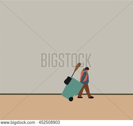 Man Road Sweeper Cleaning Working Keep Garbage And Push Garbage Cart At The Road. Environment Protec