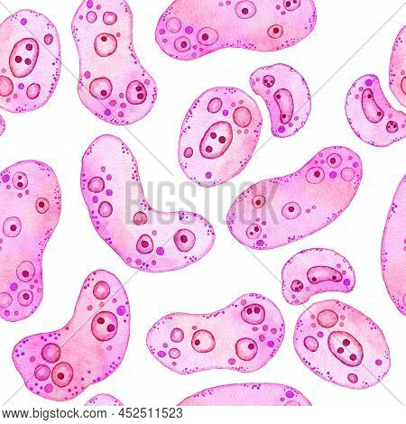 Watercolor Seamless Pattern Of Pink Purple Cells Microalgae Microorganisms, Microscope Bio Algae. Co