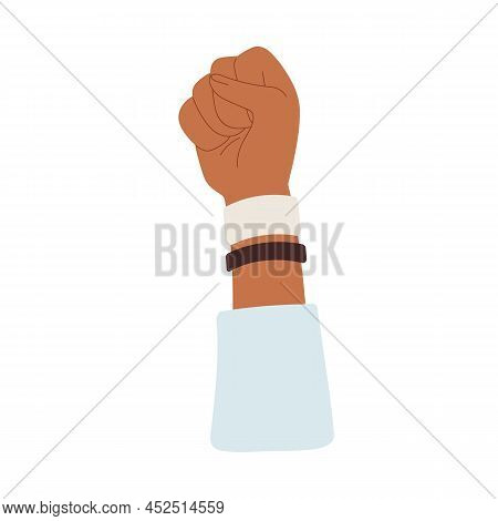 Hand Raised Up With Clenched Fist And Bracelets For Solidarity. Activist With Arm Rising High, Resis