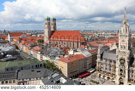 Munich City View From Above In Germany With Cathedral And Main Square