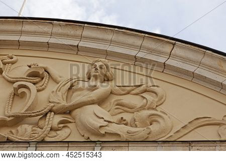 Sundsvall, Norrland Sweden - July 11, 2020: Relief Of Mermaid On Bank Roof
