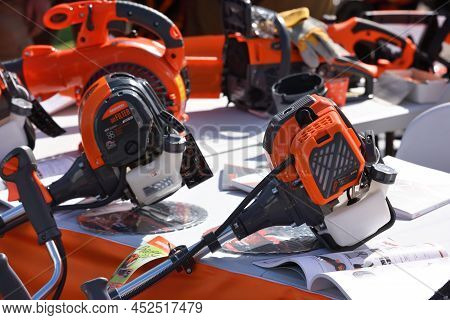 Kaunas, Lithuania - March 31, 2022: Close Up To Daewoo String Trimmer Tool At International Agricult