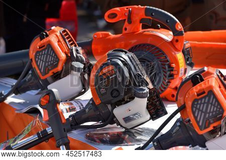 Kaunas, Lithuania - March 31, 2022: Close Up To Daewoo String Trimmer Tool At International Agricult
