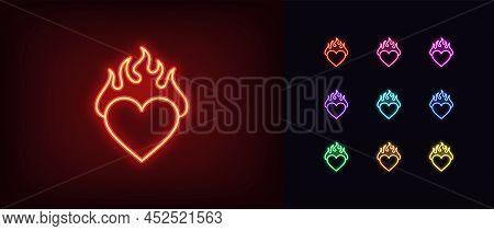 Outline Neon Burning Heart Icon. Glowing Neon Heart With Fire, Blazing Love Pictogram. Hot Passion, 