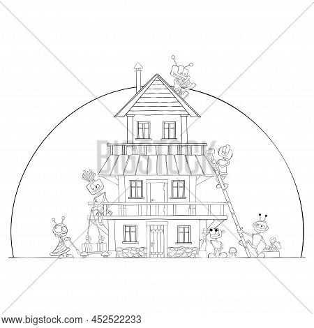 Robots Build House. Coloring Page. Kids Fun.