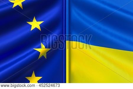 Flags Of Ukraine And European Union. Blue Flag With Stars. Blue And Yellow Flag. State Symbols. Sove