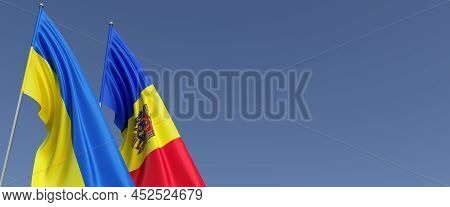 Flags Of Moldova And Ukraine On Flagpoles On Side. Flags On Blue Background. Place For Text. Indepen