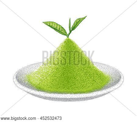 Matcha Powder. Pile Of Green Tea With Sprout On Plate. Shredded Leaves For Green Tea Drink. Illustra