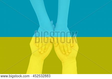 Flag Ukraine With Woman Praying And Worshiping Hands In Worship To God On Flag Background, Folded Ha