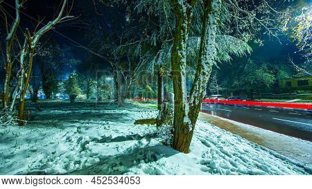 Moving Light At A Snowy Night In Ifrane