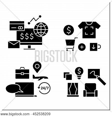 Small Business Owner Glyph Icons Set. Printing On Products, Interior Designer, Ecommerce Business, T