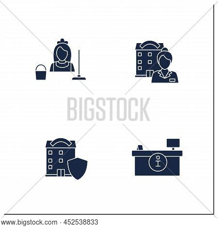 Hotel Glyph Icons Set.residential Buildings.maid, Manager, Security Office And Reception Desk. Build