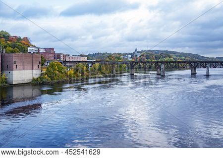 Waterfront Of Historic Downtown Along The Kennebec River, Augusta, Maine, Usa