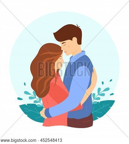 Cute Hugs And Support Concept. A Happy Young Couple. Man And Woman Hugging Each Other, Expressing Ca