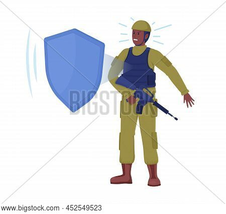 Soldier In Body Armour Semi Flat Color Vector Character. Standing Figure. Full Body Person On White.