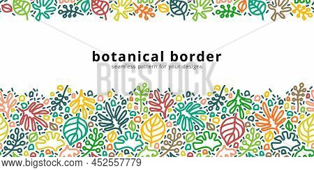 Vector Seamless Border Pattern With Botanical Elements. Floral Linear Modern Background. Horizontal 