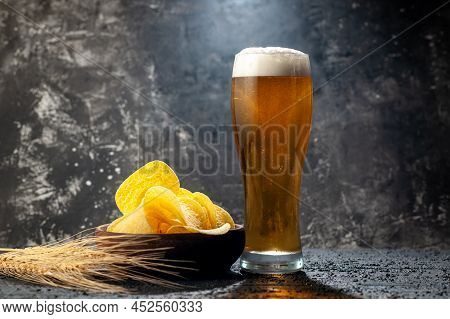 Front View Glass Of Bear With Cips On A Dark Background Photo Alcohol Drink Color Wine Snack
