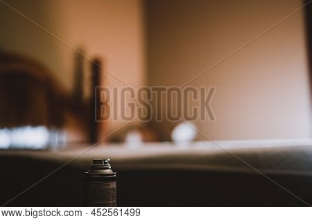 Selective Focus On Insect Insecticide Aerosol Can Fogger Used To Kill Bed Bugs, Spiders, Mites, Flie