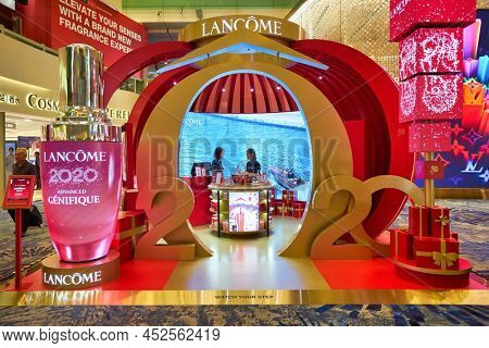 SINGAPORE - CIRCA JANUARY, 2020: entrance to Lancome's Chinese New Year themed pop-up store at Changi with Shilla.