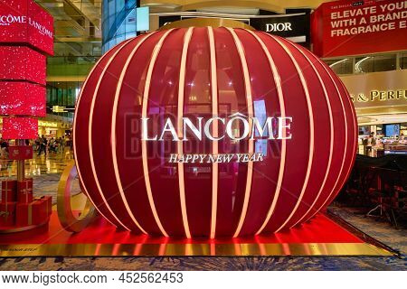 SINGAPORE - CIRCA JANUARY, 2020: Lancome's Chinese New Year themed pop-up store at Changi with Shilla.