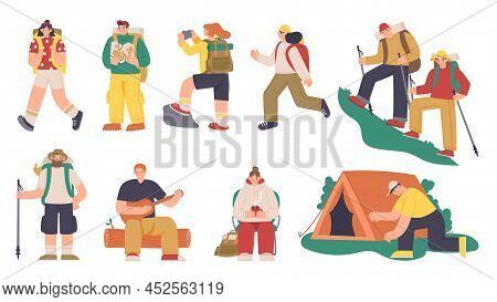 Camping People Set. Characters With Backpacks On Travel And Adventure, Hiker And Tourist Cartoon Per