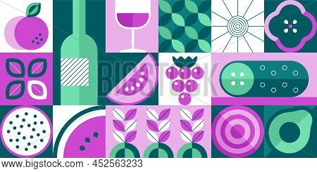 Abstract Food. Minimalistic Geometric Fruits And Vegetables On Brutalistic Banner. Vector Organic Fo