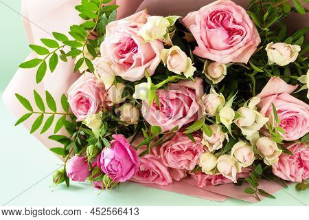 Mother's Day, Womens Day Or Birthday Card. Beautiful Bouquet Of Blooming Delicate Pink Roses And Spr