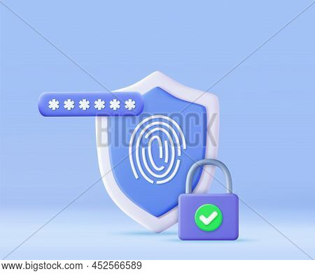 3d Biometric Fingerprint Password With Padlock And Shield Icon. Touch Id. Password Interface To Log 