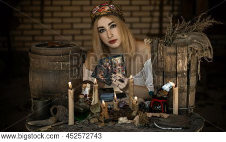 Gypsy Woman With A Tarot Cards At Hands. Ukraine Konotop April 8 - Illustrative Editorial