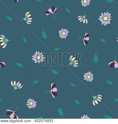 Vector Green Purple Yellow Flower Leaf Ditsy Seamless Pattern. Texture. Trend Print For Textiles And