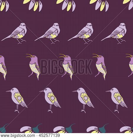 Vector Purple Yellow Birds Horizontal Seamless Pattern. Trend Print For Textiles And Wallpaper.