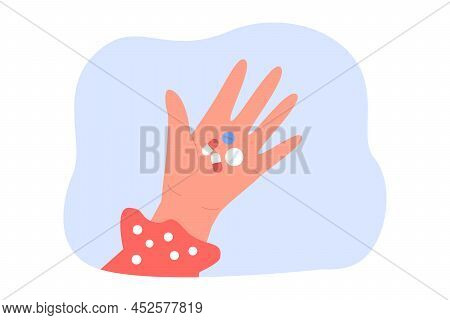 Hand Of Woman Holding Medical Pills. Female Patient Taking Antibiotic, Painkiller, Antidepressant Me