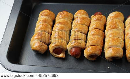 Sausage Buns. Soft Baked Bun (dough )stuffed With Sausage For Fast Food Breakfast Or Coffee Break. S