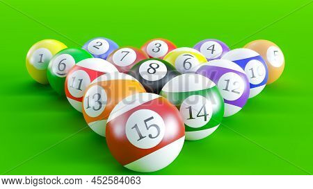 3d Render Of Billiard Balls Isolated On Green Background, Poolball, Billiard Balls In A Green Pool T