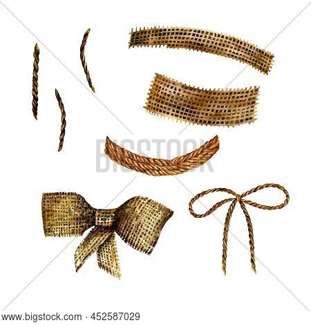 Linen Fabric, Linen Fabric Bow, Linen Texture, Linen Ribbon Tying The Bow. Watercolor Illustration. 