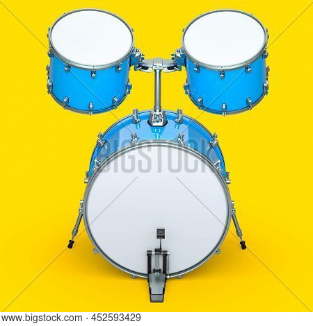 Set Of Realistic Drums With Pedal On Yellow. 3D Render Of Musical Instrument