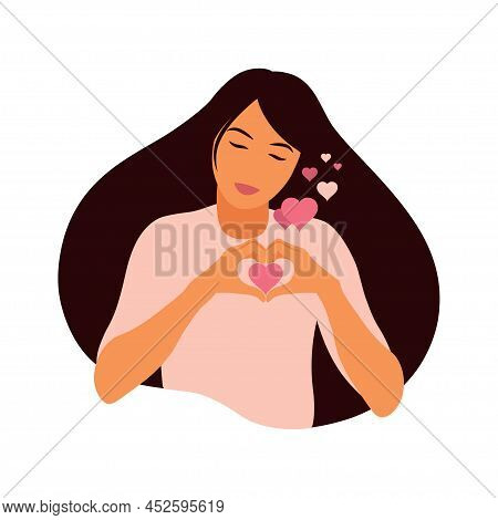 Love Yourself Concept. Young Girl Making Hand Heart Symbol With Her Fingers That Express Love And Ac