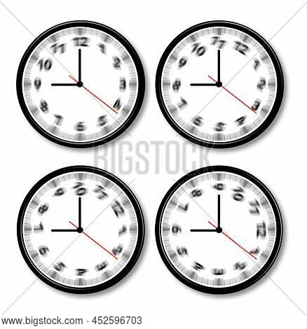 Clocks Spin While The Clock Hands Remain In The Same Postiion In A 3-d Illustration About Time And T
