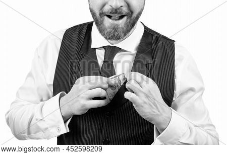Man Hold Cash Isolated On White Background. Bribery And Corruption. Payday Concept.