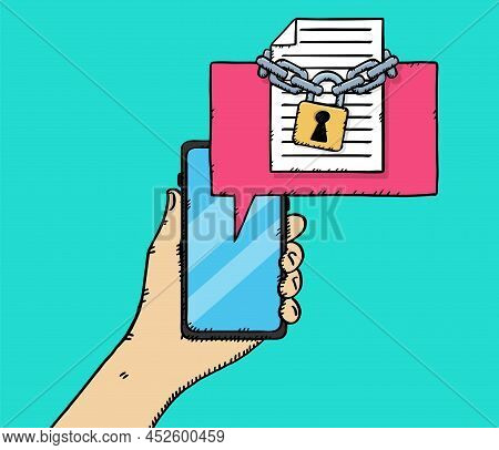 Cartoon Style Vector Illustration Of Document File Locked With Chains And Padlock Showing On Lmobile
