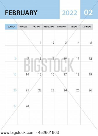 February 2022 Template, Calendar 2022 Template Vector, Planner Monthly Design, Desk Calendar 2022, W