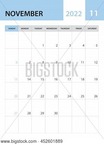November 2022 Template, Calendar 2022 Template Vector, Planner Monthly Design, Desk Calendar 2022, W