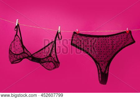 Sexy Panties And Transparent Bra For The Girl. Womens Panties, Sexy Lace Lingerie. Black Thong And B