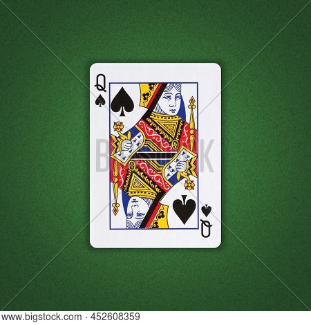 Queen Of Spades On A Green Poker Background. Gamble. Playing Cards. Background.