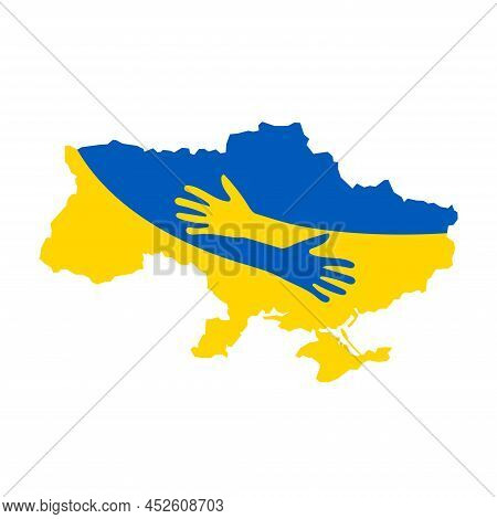 Ukraine National Flag And Map Design With Hug Hands. Support Ukraine In War With Russia In 2022