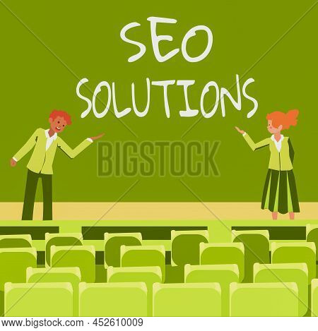 Hand Writing Sign Seo Solutions. Word Written On Search Engine Result Page Increase Visitors By Rank